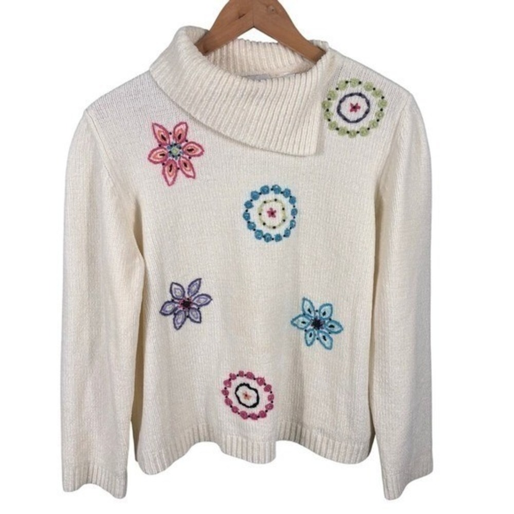Alfred Dunner Women's Size XL Petite Turtle Neck Floral Embroidered Knit Sweater
